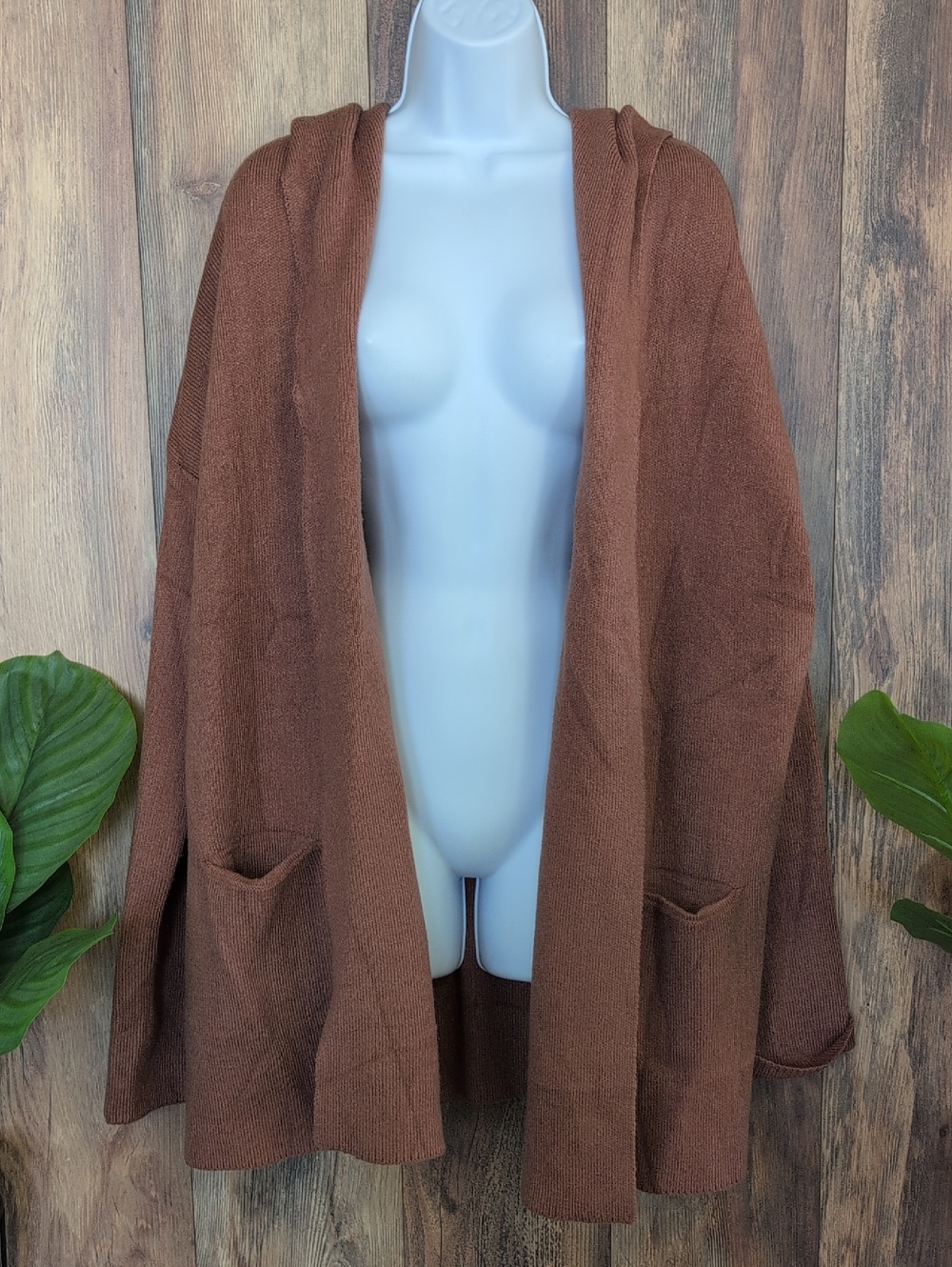 Hooded Open-Front Rich Brown Oversized Cardigan XL W237